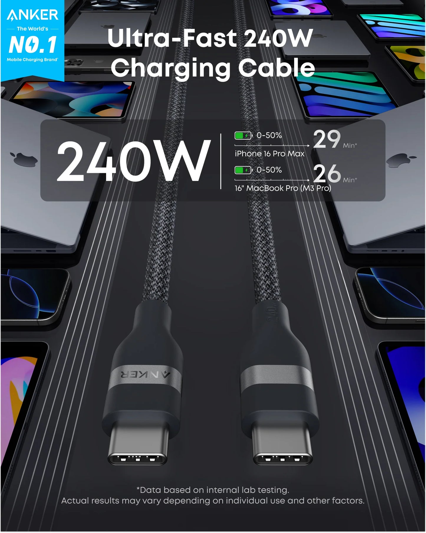 Anker USB-C to USB-C Cable (3 ft  240W, Upcycled-Braided)