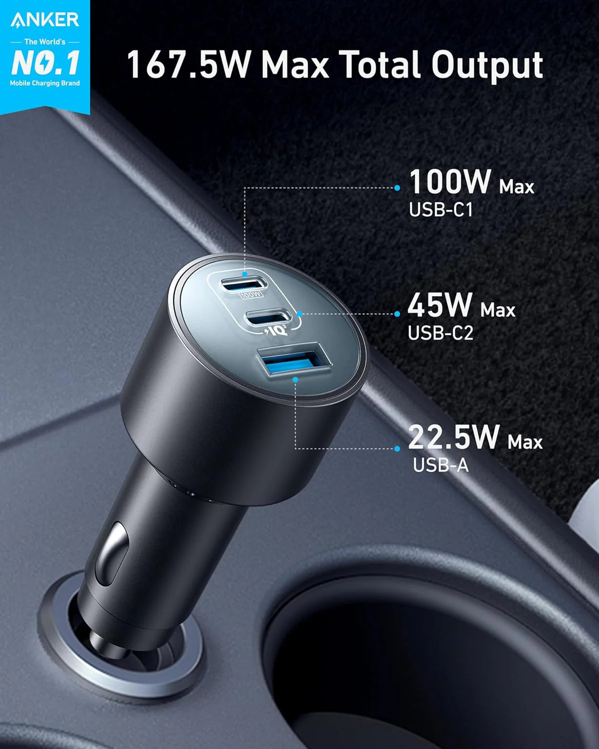 ANKER NANO  167,5W CAR CHARGER+ CABLE ANKER 100W